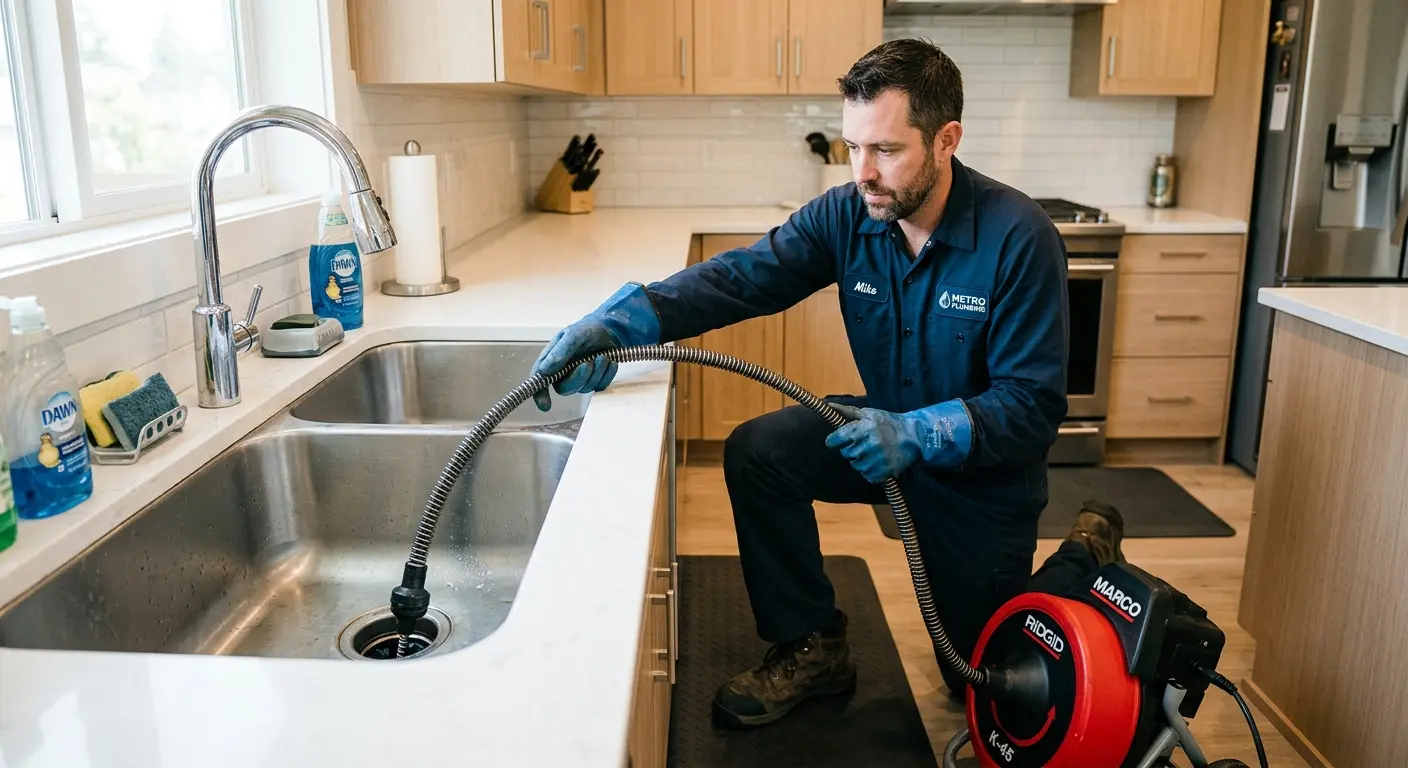 Drain cleaning technician using a motorized snake on a kitchen sink in Casa Grande