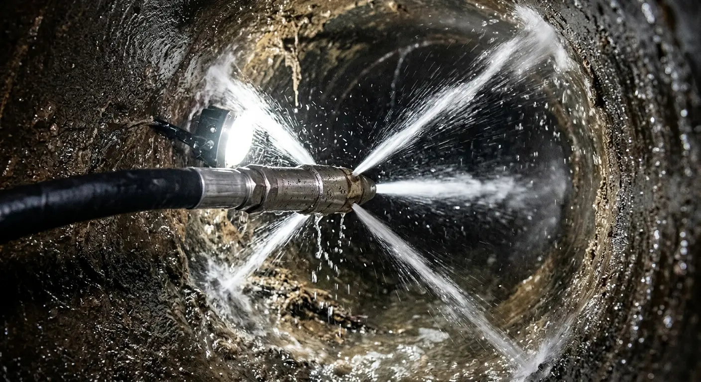 High-pressure hydro jetting nozzle cleaning sewer pipe for Emergency Drain Service in Casa Grande