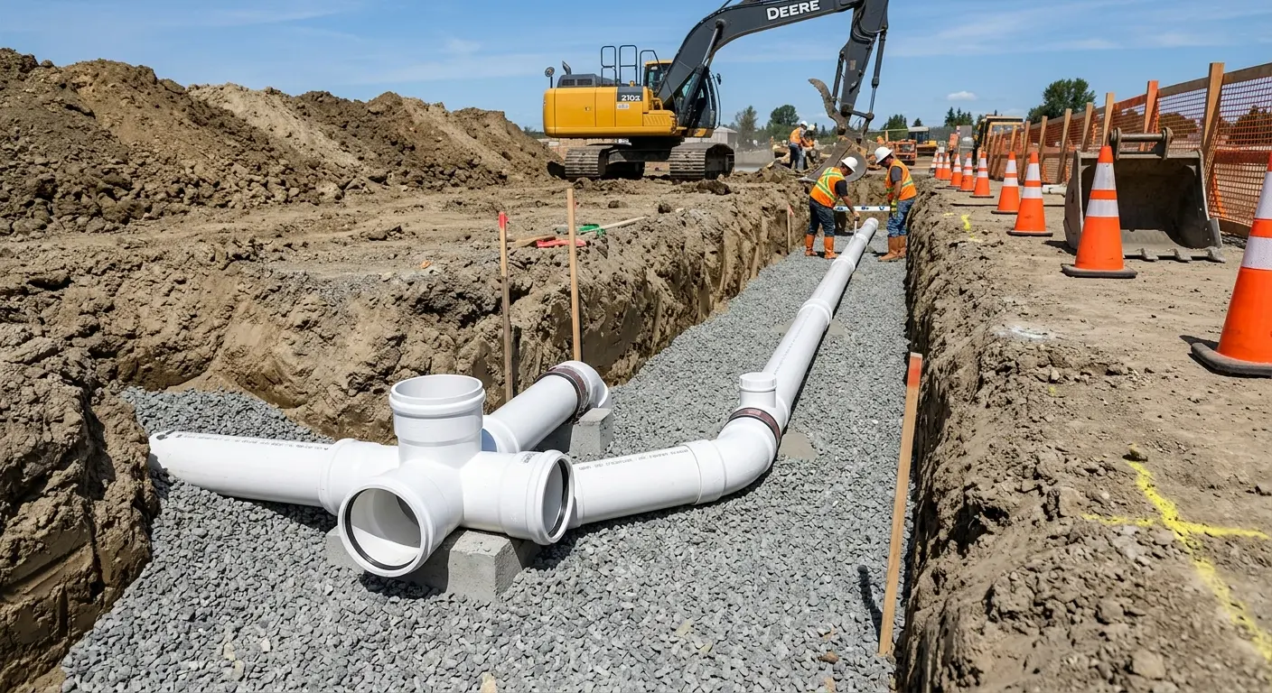 New PVC sewer pipe installation in open trench for Sewer Backup in Casa Grande