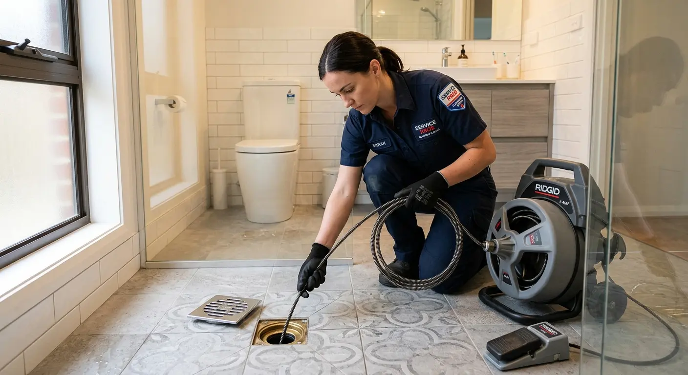 Technician clearing a bathroom floor drain for Clogged Drain Repair in Casa Grande
